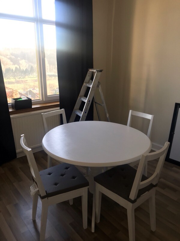Round Wooden Dining Table with a choice of black or white chairs | in