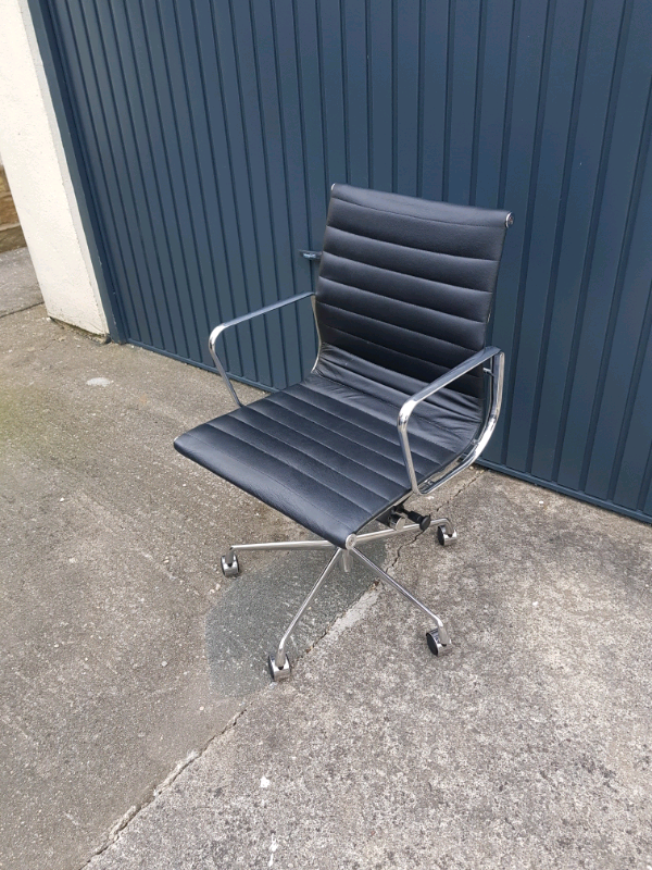 Eames Style Black Leather Chrome Executive Office Swivel Chair | in