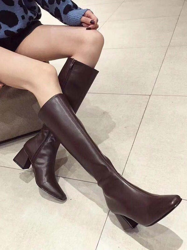 Knee-High Boot Brown Square Toe Chunky Heel PU Leather