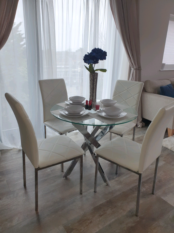 Glass Dining Table With 4 White Leather Chairs In Colchester Essex