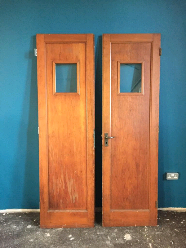 Pair Of Reclaimed Antique Pine Internal Glazed Wooden Doors In