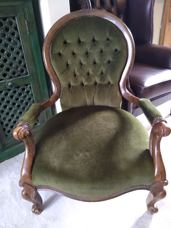 Antique Victorian? Green velvet spoonback nursing chair with arms in