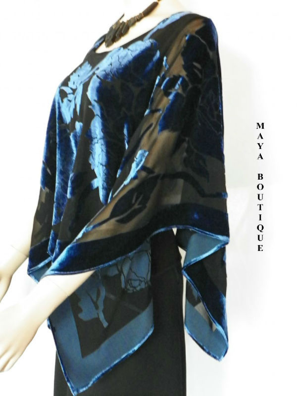Pre-owned Maya Matazaro Silk Burnout Velvet Poncho Kimono Top Sapphire & Black No Fringe