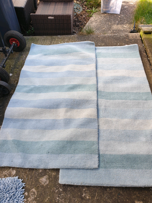PAIR OF DUNELM WILLOW DUCK EGG BLUE STRIPED WOOL RUGS in Bournemouth