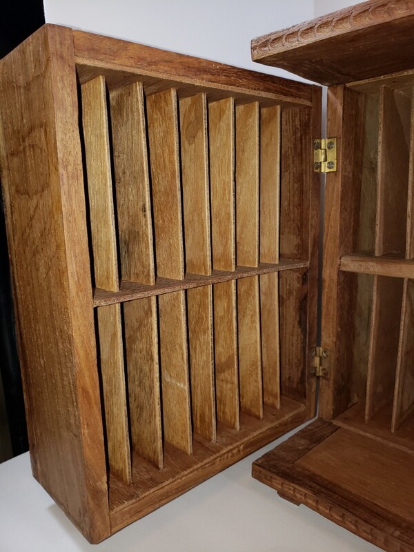 Vintage Hand Carved Wood Box Large Case Storage Letter Tape Holder Peacock Motif