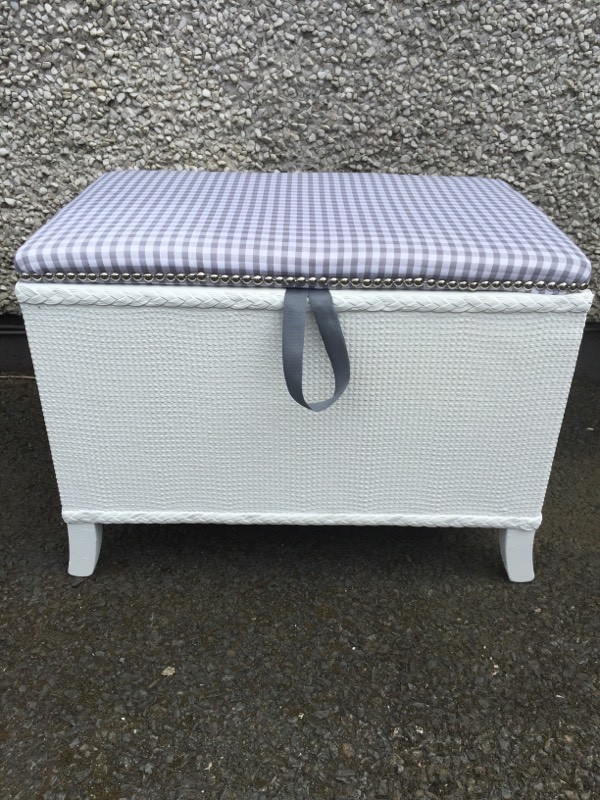 Lloyd Loom style wicker ottoman blanket box upcycled white grey Vintage