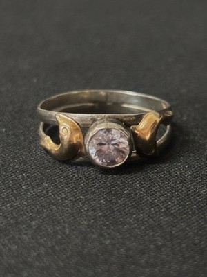 Estate Jewelry Dolphin 10k and .925 Sterling Silver Purple CZ Center Stone Ring
