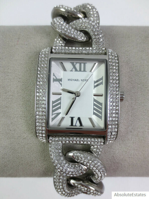 Pre-owned Michael Kors Emery Chain Pave Glitz Silver Bracelet Watch Mk7299