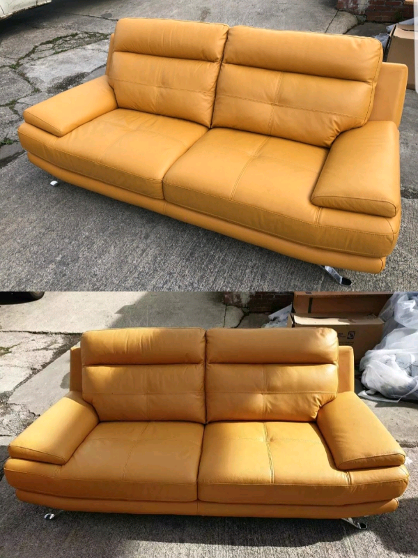 Harvey's Islington mustard leather 3 and 2 seater sofas in Burnley
