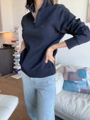 Tommy Hilfiger Essential Bill Quarter Zip Mock Neck Sweater Desert Sky  78C6087 4 | eBay