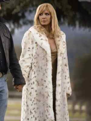 Yellowstone S04 Beth Dutton White Faux Fur Leopard Print Coat, Gif for Christmas