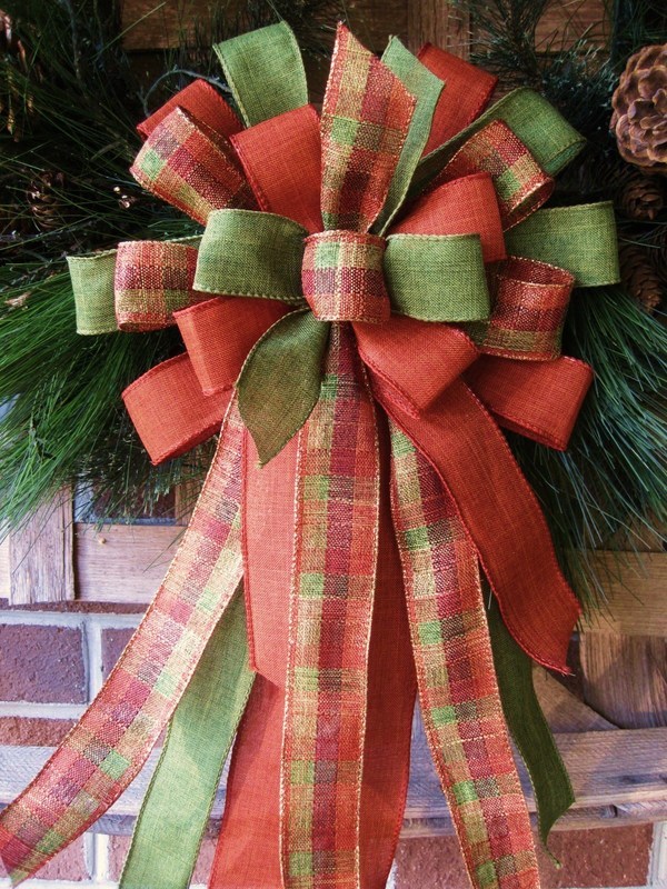 PLAID BOW ORANGE SPARKLY WIRED for WREATHS POST GARLAND CRAFTS GIFTS rb