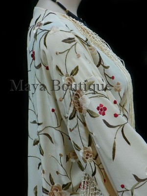 Pre-owned Maya Matazaro Silk Embroidered Fringe Kimono Flapper Jacket Vanilla  Usa Made In White