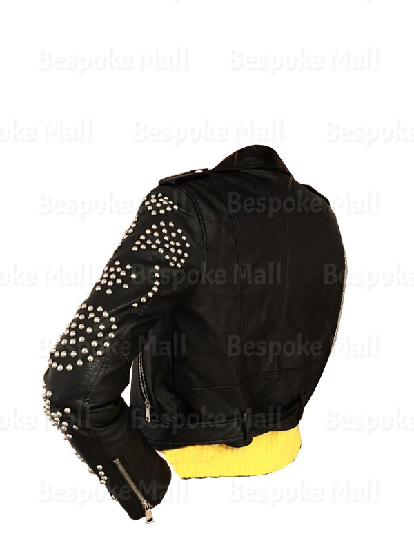 Pre-owned Handmade Women Unique Classic Silver Round Studded Zippered Biker Leather Jacket-283