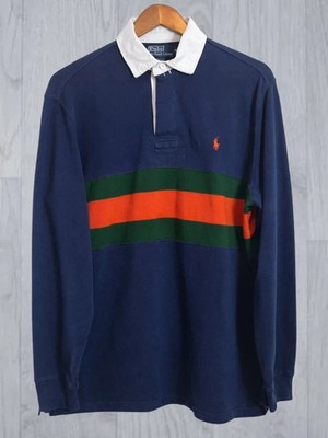 Vintage Polo Ralph Lauren Striped Mens Navy Blue Rugby Shirt Size Medium