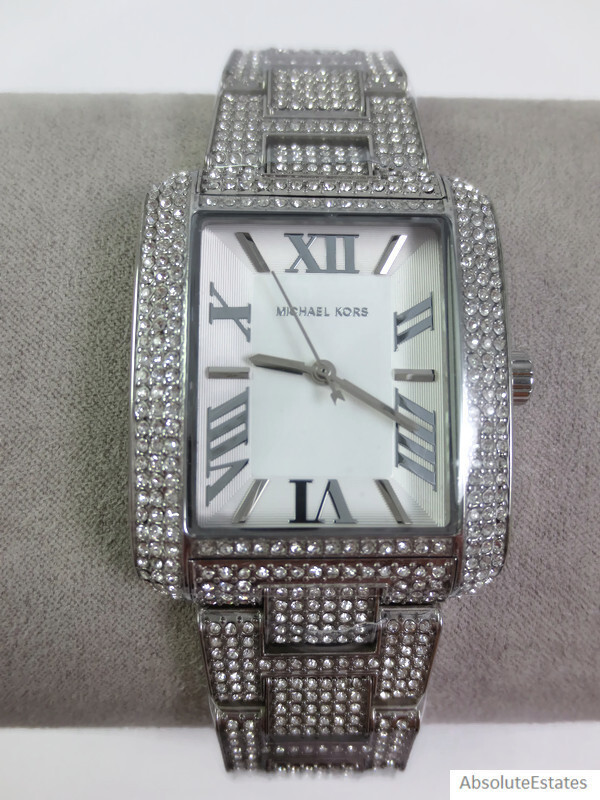 Pre-owned Michael Kors Emery Silver Pave Crystal Bracelet Watch Mk4648 + Box