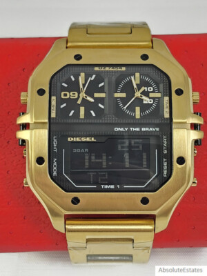 NEW Diesel Mens Clasher Ana-Digi Gold Tone Stainless Steel Watch DZ7454 NIB NWT