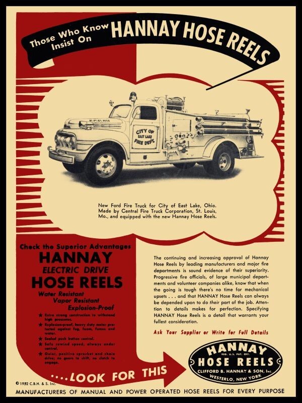 1952 Hannay Hose Reels, Fire Apparatus NEW Metal Sign: East Lake, OhiO Fire Dept