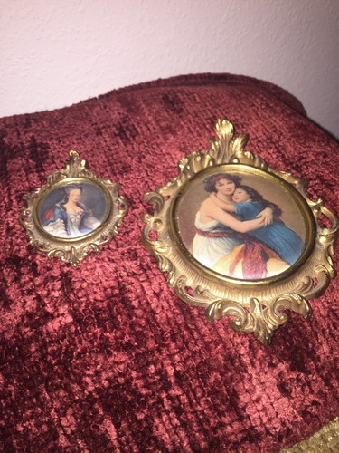 Two Small Vintage Gold-toned Framed Silk Satin Cloth Picture Wall Hanging