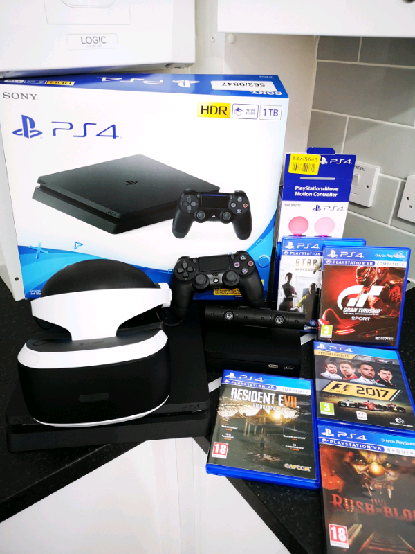 PS 4 Vr SONY Playstation 4 Console Slim 1TB +Vr Headset +Games Ps4 in