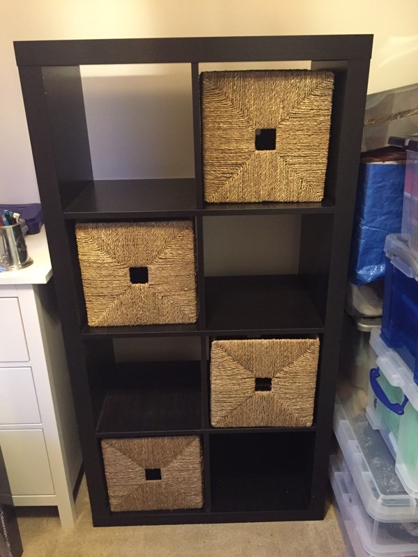 IKEA Expedit Kallax 8 cube storage system in black brown with boxes