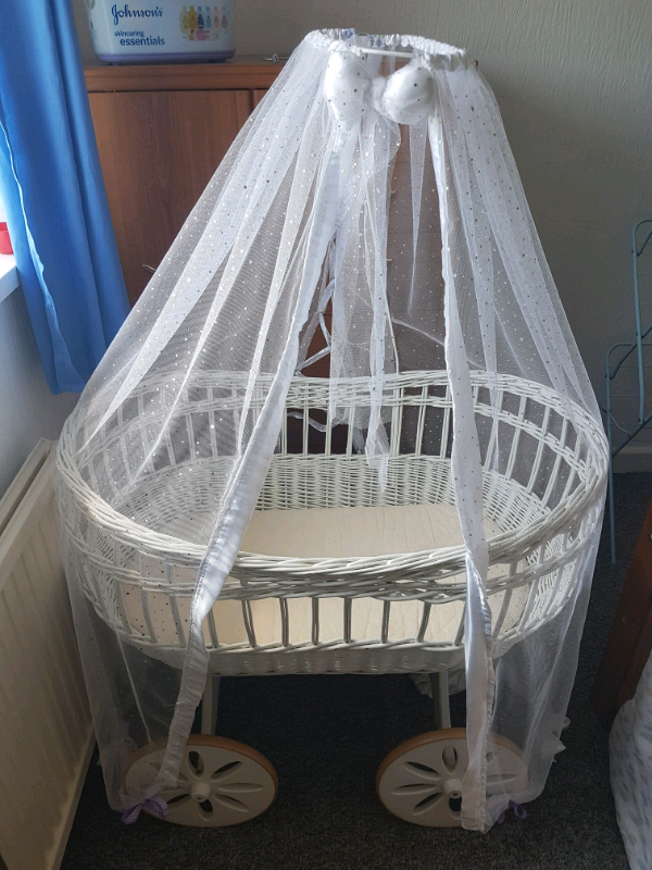 Large M J Mark Baby White Wicker Crib With Wheels In Clydach