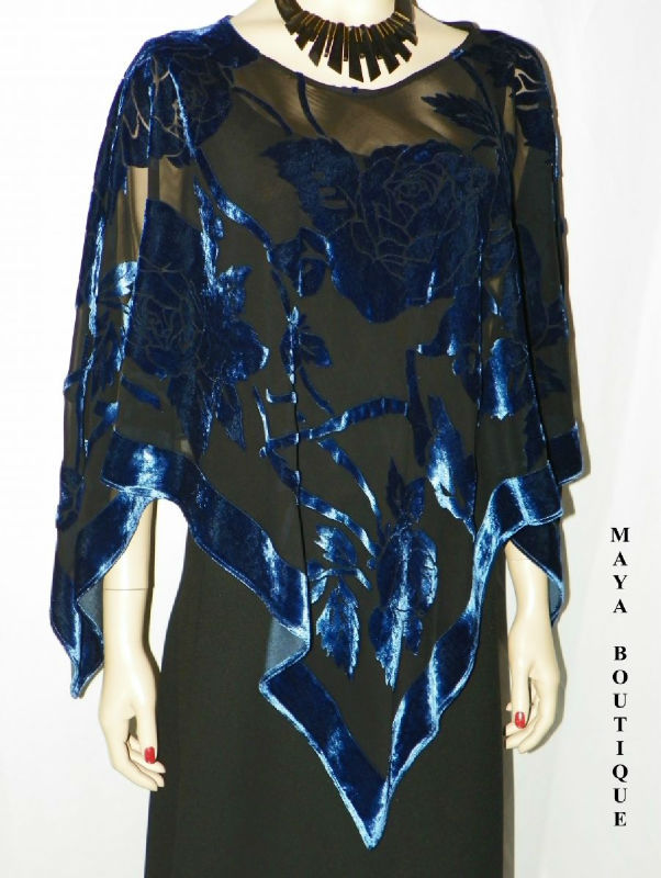 Pre-owned Maya Matazaro Silk Burnout Velvet Poncho Kimono Top Sapphire & Black No Fringe
