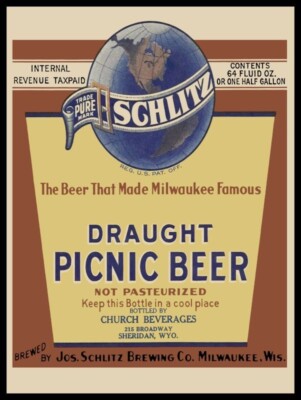 Schlitz Draught Picnic Beer NEW Metal Sign: Lg. SIZE 12X16  Free Ship