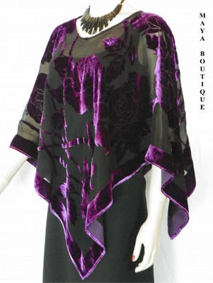 Pre-owned Maya Matazaro Silk Burnout Velvet Poncho Kimono Top Amethyst & Black No Fringe