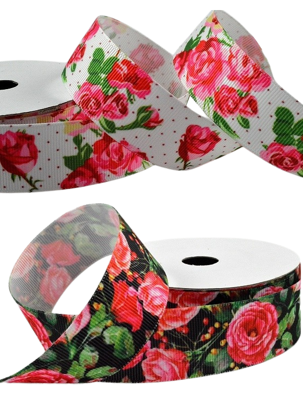 25mm Ribbed Ribbon with a Colourful Floral Flower Print - In Black or White