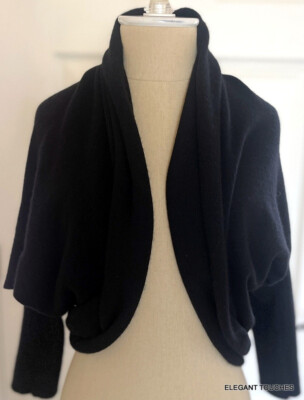 Neiman Marcus Black Sweater Shrug M Womens 100% Cashmere Beaded Open Front