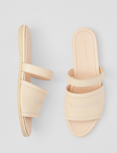 Pre-owned Burberry Open Toe Women's Peach Leather Slides Sandals 7.5 (37.5) 8047843 It In Orange