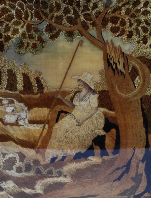 Antique Late 18th C. Needlework Picture of a Shepherdess Original Frame Eglomise