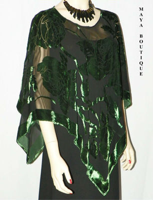 Pre-owned Maya Matazaro Silk Burnout Velvet Poncho Kimono Top Emerald & Black No Fringe  In Green