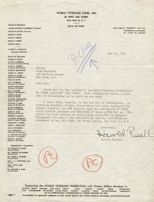 Harold Russell - Typed Letter Signed 05/15/1953