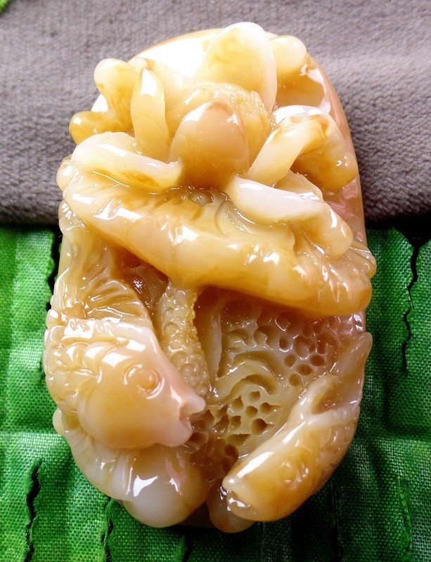 Light Brown Tridanca Carved Lotus Flower & Fish Pendant Bead 64x39x22mm