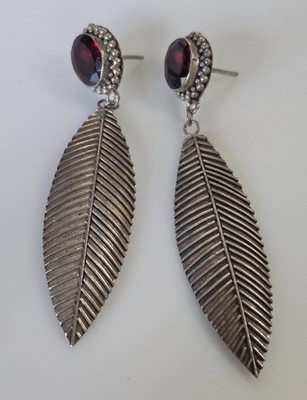 Estate Jewelry Red Gemstone Leaf Earrings .925 Sterling Silver 2 1/2"