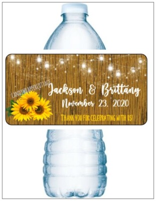 20 WEDDING RUSTIC BARN SUNFLOWER FAIRY LIGHTS Water Bottle Labels Personalized