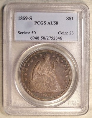 1859-S Seated Liberty Dollar, Rare San Francisco Mint Coin, Old PCGS AU-58
