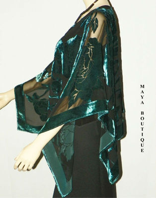 Pre-owned Maya Matazaro Silk Burnout Velvet Poncho Kimono Top Turquoise & Black No Fringe