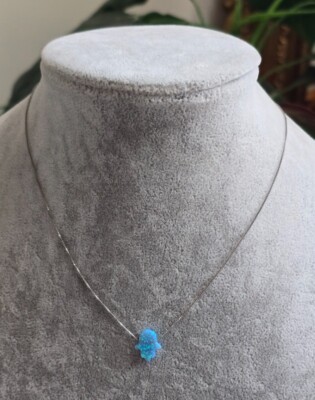 Estate Jewelry Opal Hamsa Pendant .925 Sterling Silver Necklace 16.5"