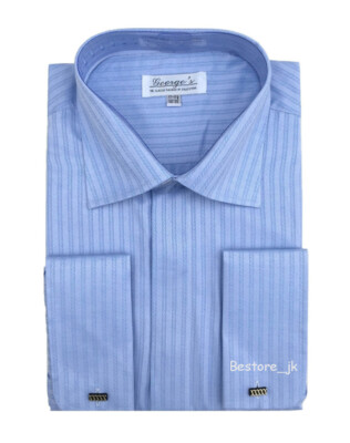 Men's French Cuff Jacquard Stripe Classic Dress Shirt #30 Light Blue