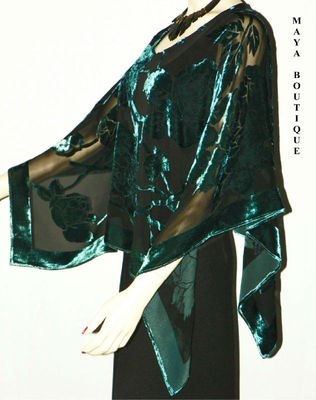 Pre-owned Maya Matazaro Silk Burnout Velvet Poncho Kimono Top Turquoise & Black No Fringe