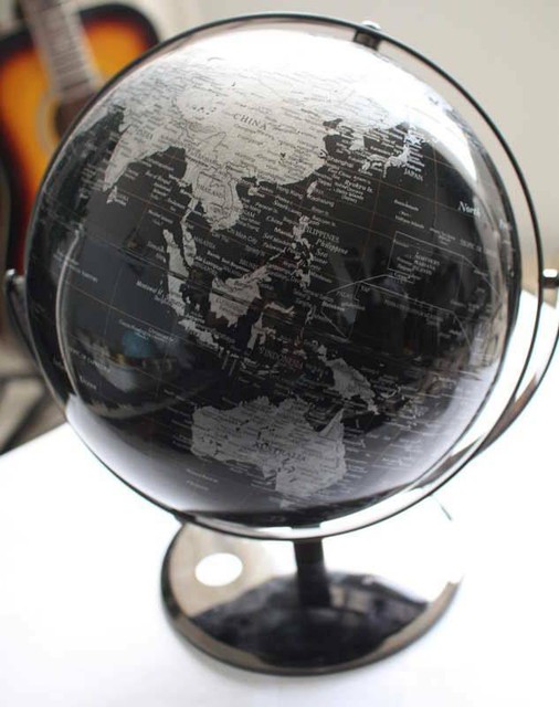 DECORATIVE BLACK AND SILVER WORLD GLOBE. Decorative