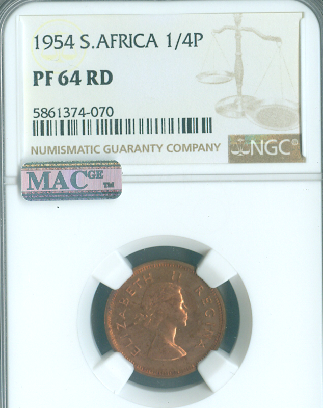 1954 SOUTH AFRICA FARTHING NGC PF64 RD MAC SPOTLESS .
