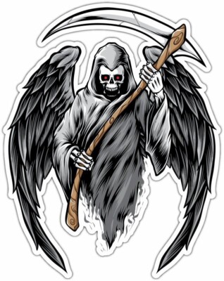 Grim Reaper Scythe Death Skull Angel Wings Car Bumper Vinyl Sticker Decal 4''X5''