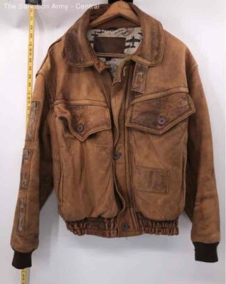 Ground Zero Mens Brown Leather Long Sleeve Collared Full-Zip Bomber Jacket Sz 40