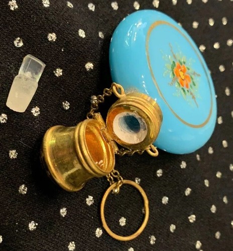 Sweet Antique Enamel Painted Blue Opaline Czech Glass Perfume Bottle