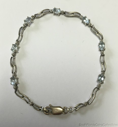 Estate Jewelry Ladies Oval Blue Topaz Bracelet 10K White Gold 7" Long