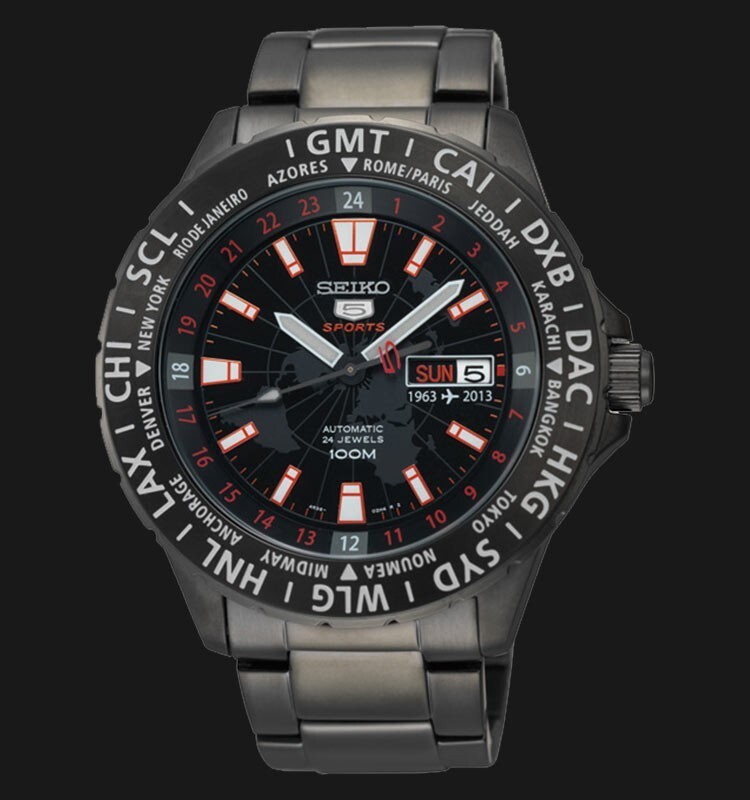 Pre-owned Seiko 5 Sports Srp437 Automatic Watch 50th Annv World Time Ip Coated Steel Black